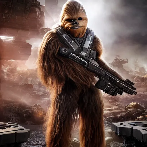 Image similar to chewbacca in gears of war gears of war, splash art, movie still, detailed face, photorealistic facial features, cinematic lighting, dramatic, octane render, long lens, shallow depth of field, bokeh, anamorphic lens flare, 8 k, hyper detailed, 3 5 mm film grain
