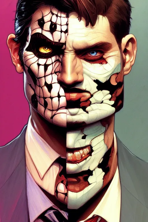 Prompt: a portrait of two - face ( harvey dent ), fantasy, sharp focus, intricate, elegant, digital painting, artstation, matte, highly detailed, concept art, illustration, ambient lighting, art by ilya kuvshinov, artgerm, alphonse mucha, and greg rutkowski