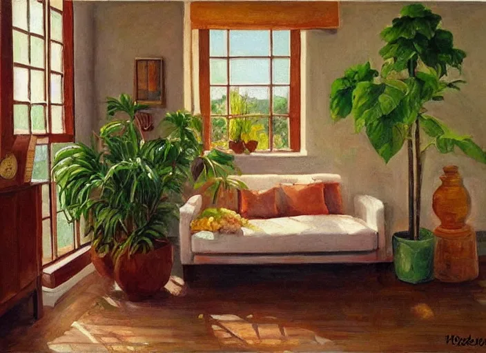 Image similar to a warm painting of a room interior, calm, relaxing, cosy, warm light, warm color scheme, houseplants, fresh flowers, oil on canvas