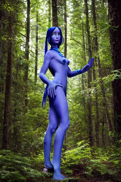 Image similar to photograph of a blue-skinned female navi from avatar standing in a forest, high resolution film still, 8k, HDR colors, cosplay, outdoor lighting, photo by bruce weber