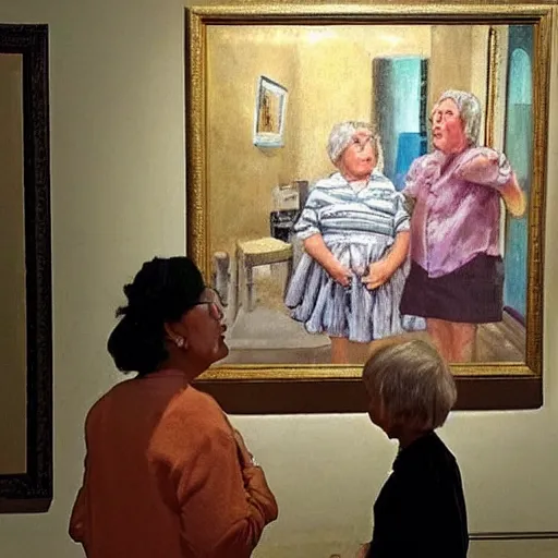 Prompt: old woman staring at a painting of her younger self