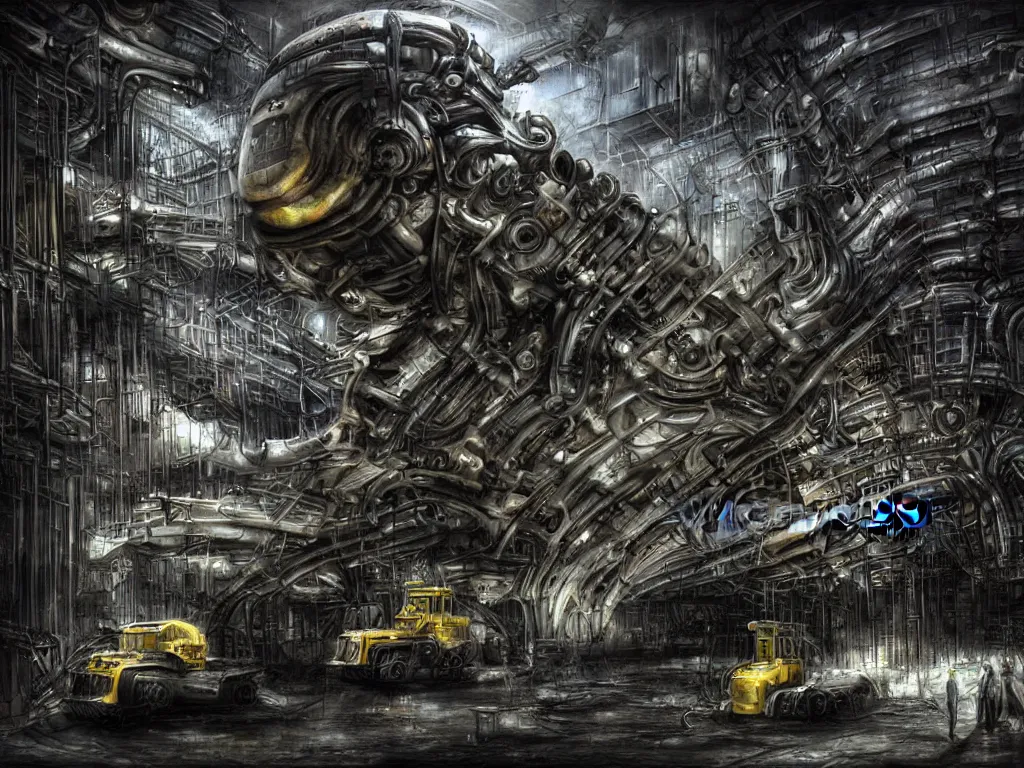 Prompt: a complicated bulldozer inside a parking garage, biomechanical, biopunk, dark, gloomy, hazy, spotlights, oil spills, art by HR Giger, digital art