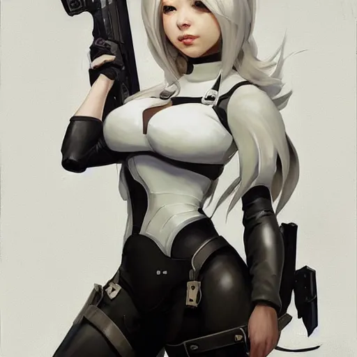 Image similar to greg manchess portrait painting of a 2 yorha type a no. 2 as overwatch character, white long hair, medium shot, asymmetrical, profile picture, organic painting, sunny day, matte painting, bold shapes, hard edges, street art, trending on artstation, by huang guangjian and gil elvgren and sachin teng