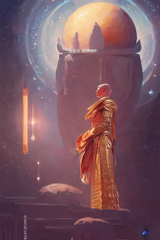 Image similar to space, temple, buddhism, painting by greg rutkowski, j. c. leyendecker, artgerm