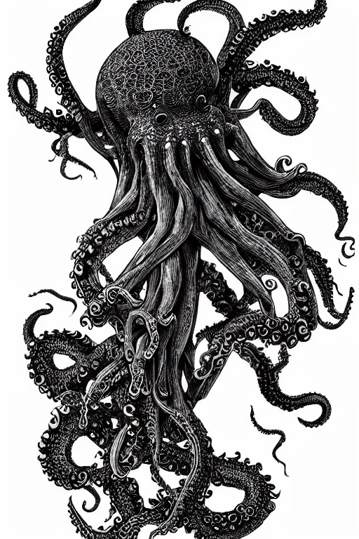 Image similar to black ink on paper, alien octopus, trending on artstation, beautiful, intricate, detailed