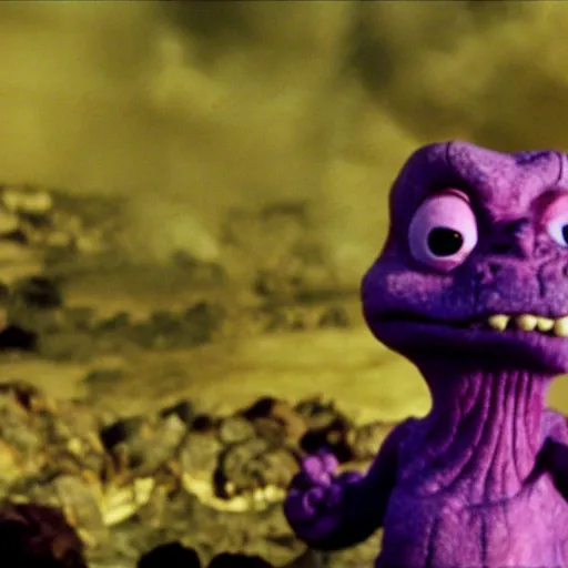 Prompt: Barney the purple dinosaur drowns in the lava of mount doom clutching the one ring, high resolution movie still, film by Peter Jackson