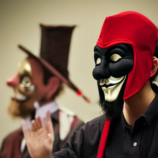 Image similar to professor anonymous wearing guy fawkes mask giving lecture at university
