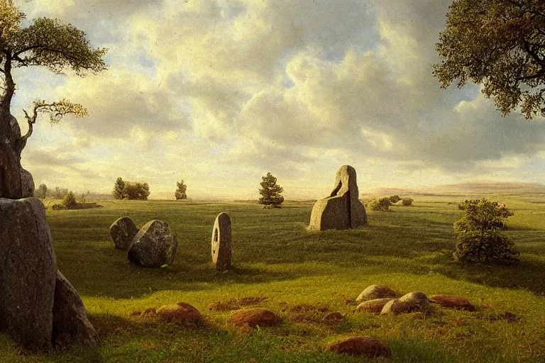 Prompt: runestone on a field with trees in the distance, runic inscription, ancient writing, megalithic, monument, nature, hills, focused, centered, very detailed, norse, scandinavia, history, oil painting, Albert Bierstadt