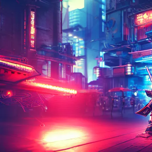 Image similar to A wide shot of a cyborg samurai, cyberpunk background with steampunk vehicles. High action glowing neon lights. Very beautiful, Cinematic, volumetric lighting, Award winning, ultra high resolution, intricate details, rendered with unreal engine, octane render, UHD 8K