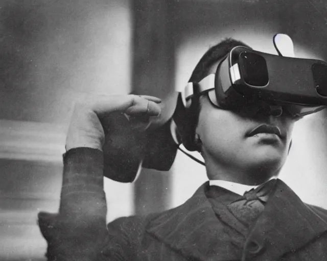 Prompt: 1 9 0 0 s photo of a person wearing a vr virtual reality headset