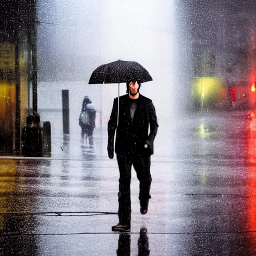 Image similar to keanu reeves walking in the rain on a reflective city street near a red flashing street light, highly detailed face and reflections misty dark close up photograph