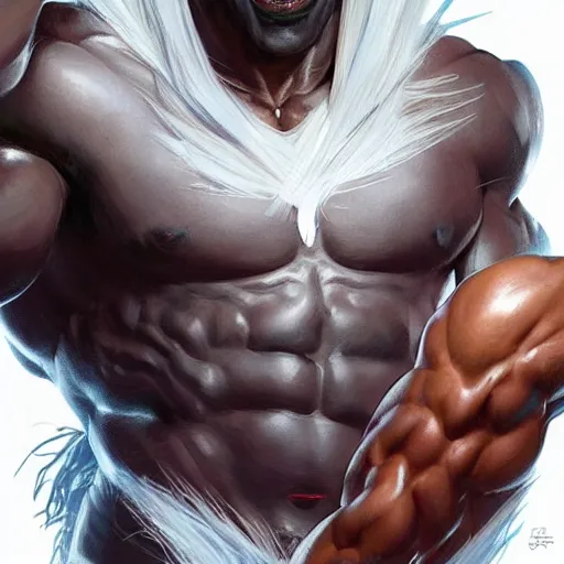 Prompt: wow, fanart hideous muscular black man with white hair and a protruding jaw with visible pectoral muscles, detailed, digital art, artstation, smooth, sharp focus, art by artgerm, greg rutkowski, alphonse mucha