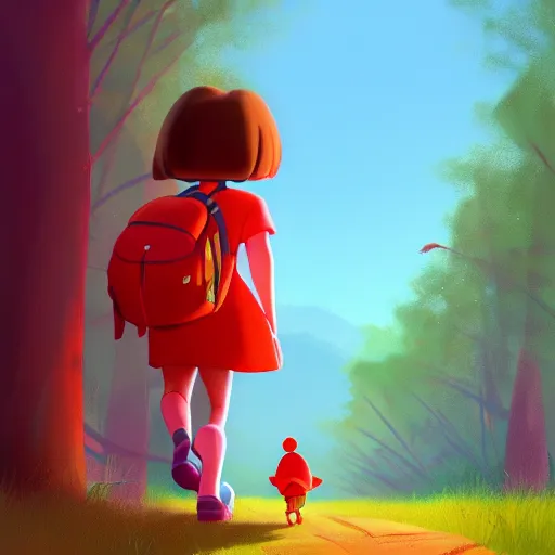 Image similar to goro fujita ilustration dora the explorer in a red dress and backpack, short hair, walking through the woods picking mushrooms, painting by goro fujita, sharp focus, highly detailed, artstation