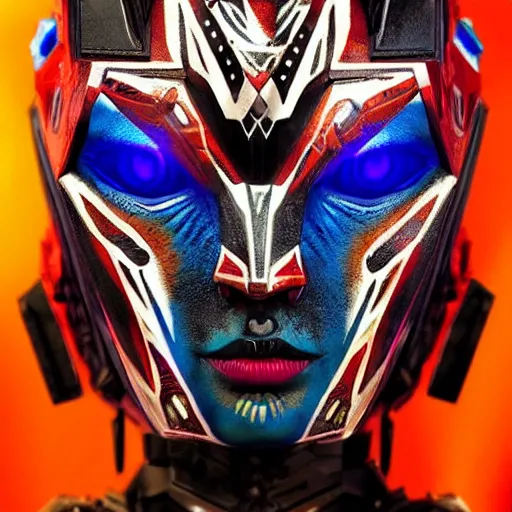 Image similar to a female transformer with tribal paint, glowing eyes, very symmetrical face, highly detailed, by vitaly bulgarov, by steven zavala, by matt tkocz, by shane baxley, mecha, robotic, transformers cinematic universe, pinterest, deviantart artstation _ h 7 5 0