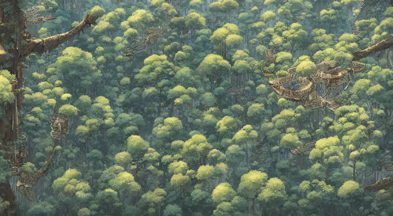 Image similar to aerial view of treetop canopy, intricate, detailed, by studio ghibli and greg rutkowski,