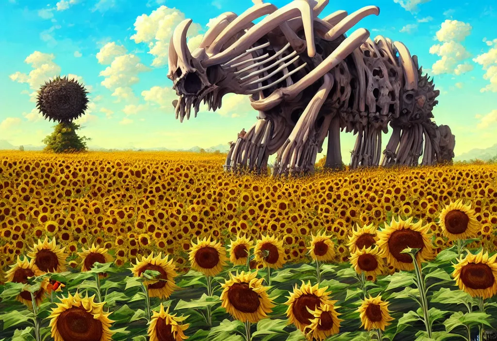 Image similar to giant animal bones in the countryside with sunflowers in the background, dramatic lighting, intricate oil painting, high detail illustration, sharp high detail, manga and anime 1 9 9 9, official fanart behance hd artstation by jesper ejsing and makoto shinkai, 4 k,