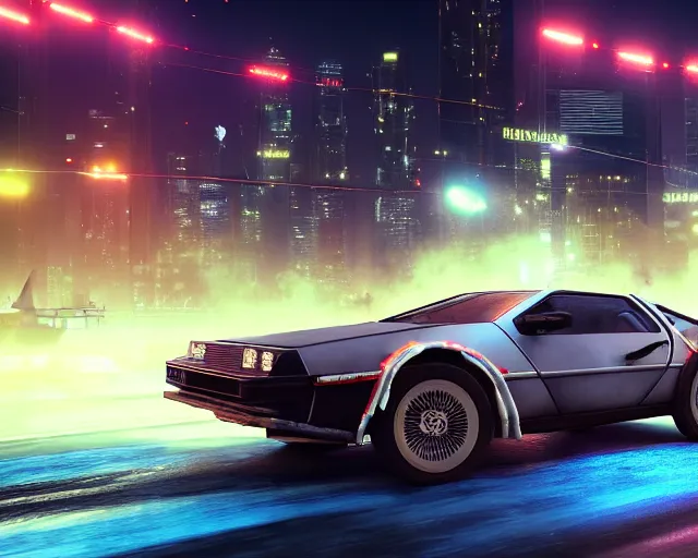 Prompt: photo of a vehicle concept design delorean being chased by police on wet cyberpunk city streets at night, rocket league tank, mad max, action, speed, volumetric lighting, hdr, gta 5, makoto shinkai, syd mead, borderlands, fast and furious, octane, 8 k