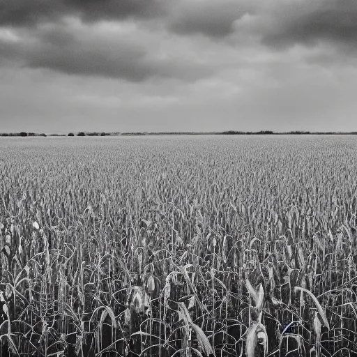 Prompt: A crop field growing skulls. Muted colors, overcast sky, dark, dreary, eldritch.