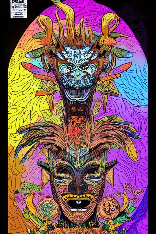 Image similar to animal mask totem roots flower tribal feather gemstone plant wood rock shaman vodoo video game vector cutout illustration vivid multicolor borderlands comics by josan gonzales and dan mumford radiating a glowing aura