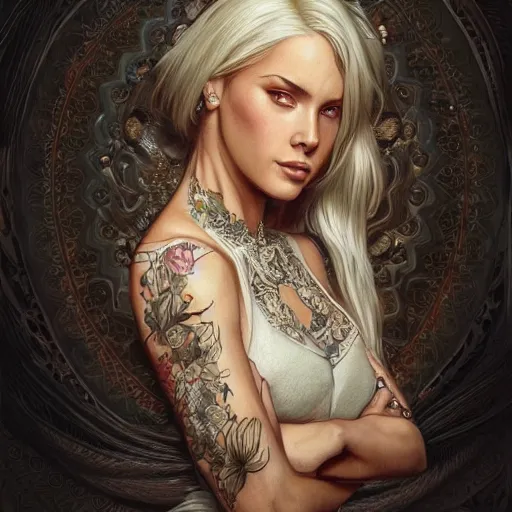 Image similar to ultra realistic illustration, a hot and beautiful tattooed blonde slavic woman in her 3 0's, intricate, elegant, highly detailed, digital painting, artstation, concept art, smooth, sharp focus, illustration, art by artgerm and greg rutkowski and alphonse mucha