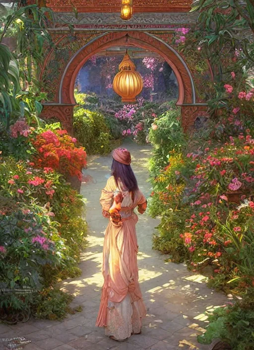 Prompt: ultra realistic illustration a colorful garden with an ornate wooden archway surrounded by moroccan lanterns and detailed tiles elegant, highly detailed, digital painting, concept art, smooth, sharp focus, full character, illustration, art by artgerm and greg rutkowski and alphonse mucha