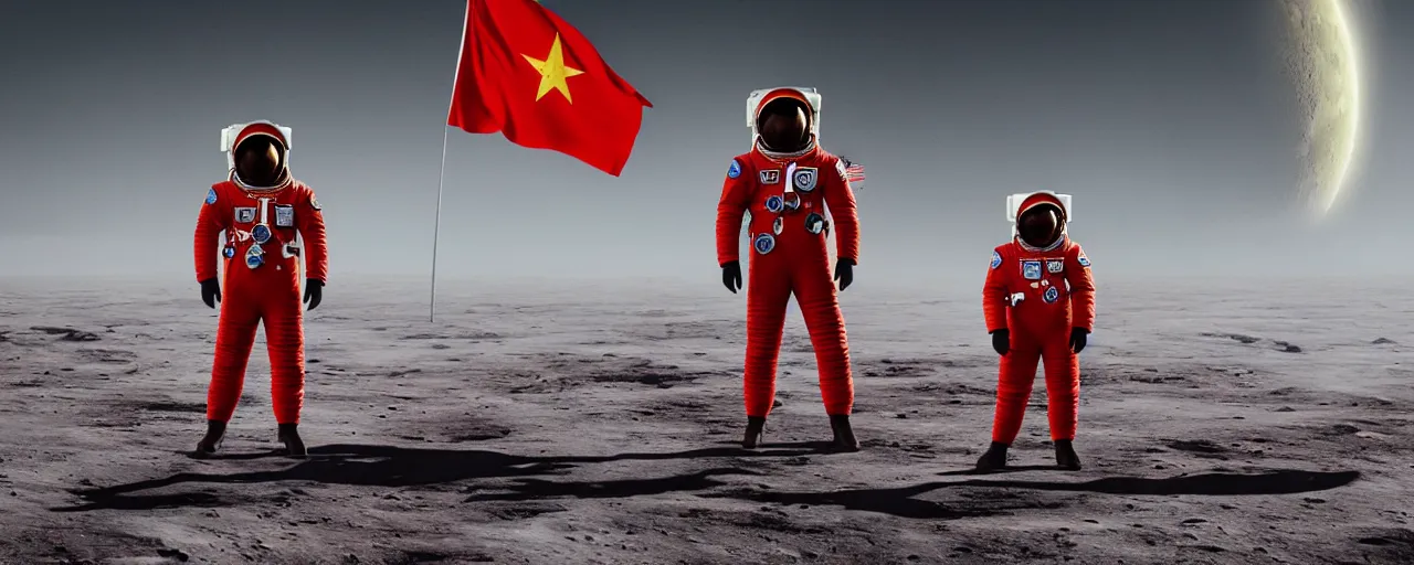 Image similar to an cosmonaut in red on white on yellow costume holding vietnam flag, standing on the moon spaceship in the background, wide angle cinematic composition, concept art by greg rutkowski, octane render