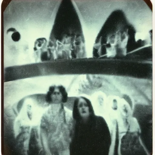 Prompt: really old polaroid photograph of horrorific extraterrestrial beings visiting earth,