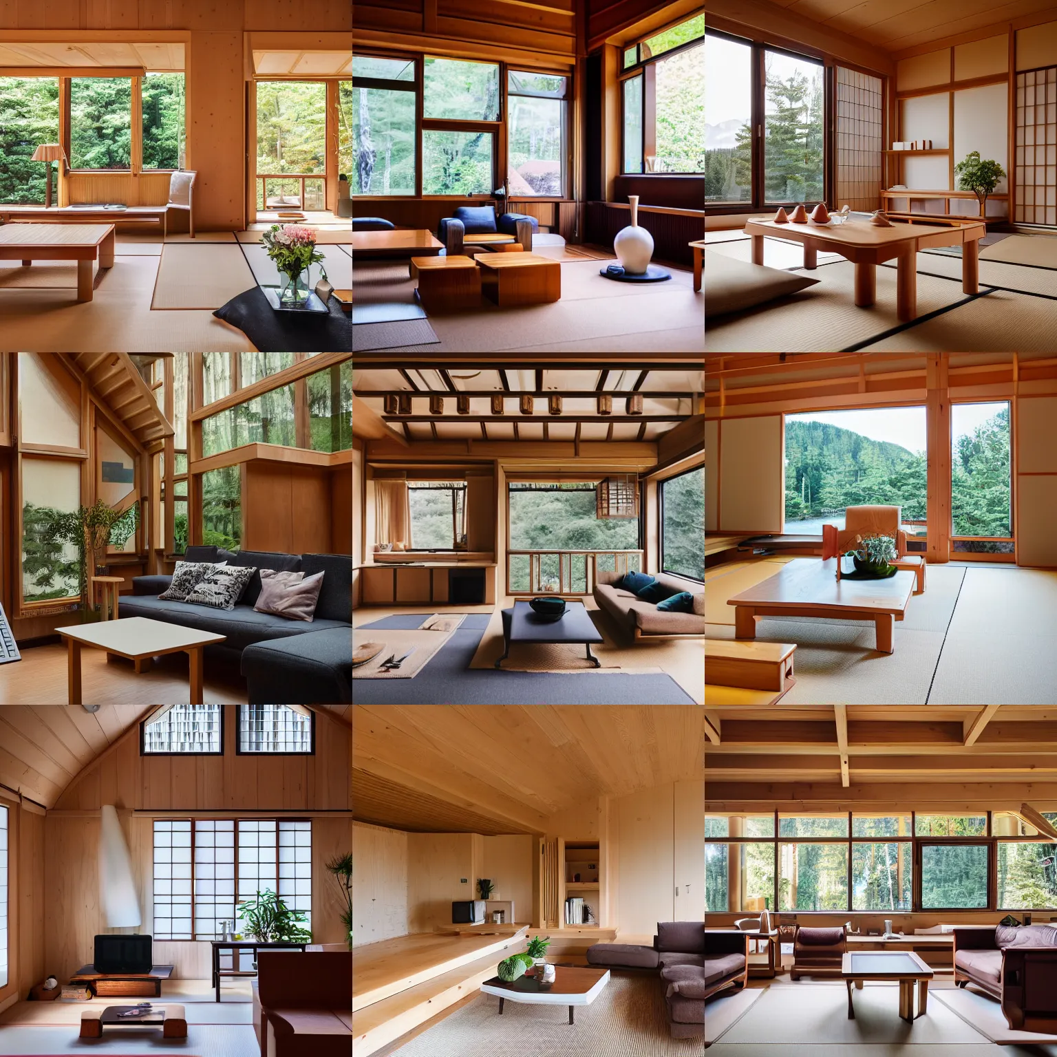 Prompt: full interior view photo of modern fully furnished japanese livingroom in a luxurious wooden cottage, busy with floral arrangements, ultra realistic, architecture photography by alvar aalto, telephoto lens, canon rf 8 0 0 mm f / 5. 6 l