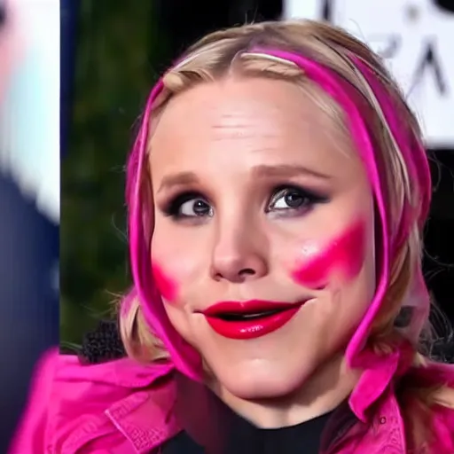 Image similar to gopro video of obese kristen bell in clowncore makeup