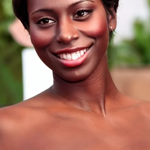 Prompt: feminine looking, darker skin by one tone, attractive neck, dimples