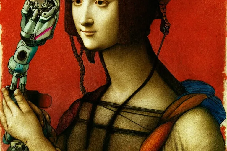 Image similar to multicolor drawing of a pretty girl with a robotic arm holding a flower by leonardo da vinci in 4 k ultra high resolution, with depressive feeling