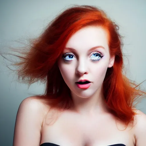 Prompt: professional photograph, freakles, extreme closeup of gorgeous young woman, top down, redhead, large eyes, teasing and alluring expression, alluring eyes, staring at viewer