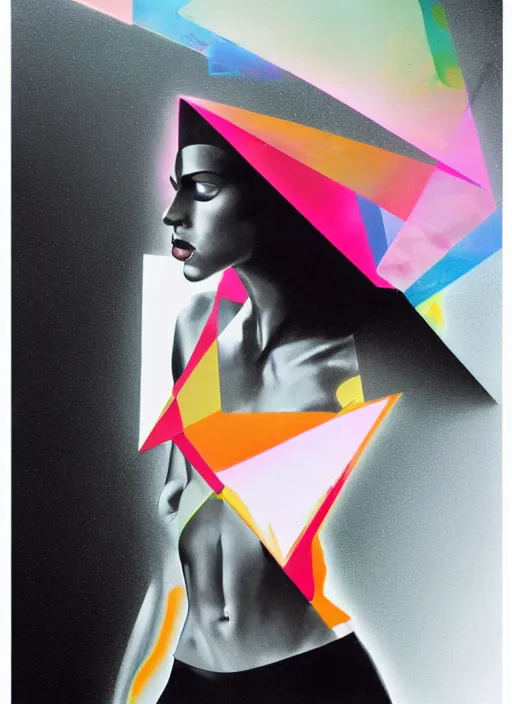 Image similar to futuristic lasers tracing, colorsmoke, leather fullbodysuit, pyramid hoodvisor, raindrops, wet, oiled, beautiful cyborg girl, by steven meisel, kaws, rolf armstrong, mondrian, kandinsky, perfect geometry abstract acrylic, octane hyperrealism photorealistic airbrush collage painting, dark monochrome, fluorescent colors, minimalist rule of thirds, eighties eros