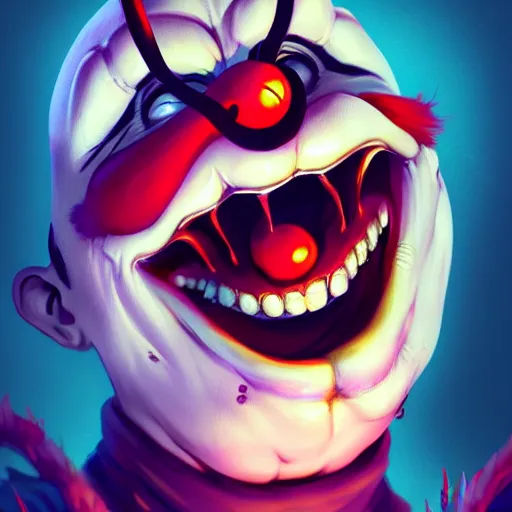 Image similar to a scary clown laughing, directed gaze, full - body and head view, highly detailed, zeronis style, artstation, soft light, sharp focus, illustration, character design, concept art