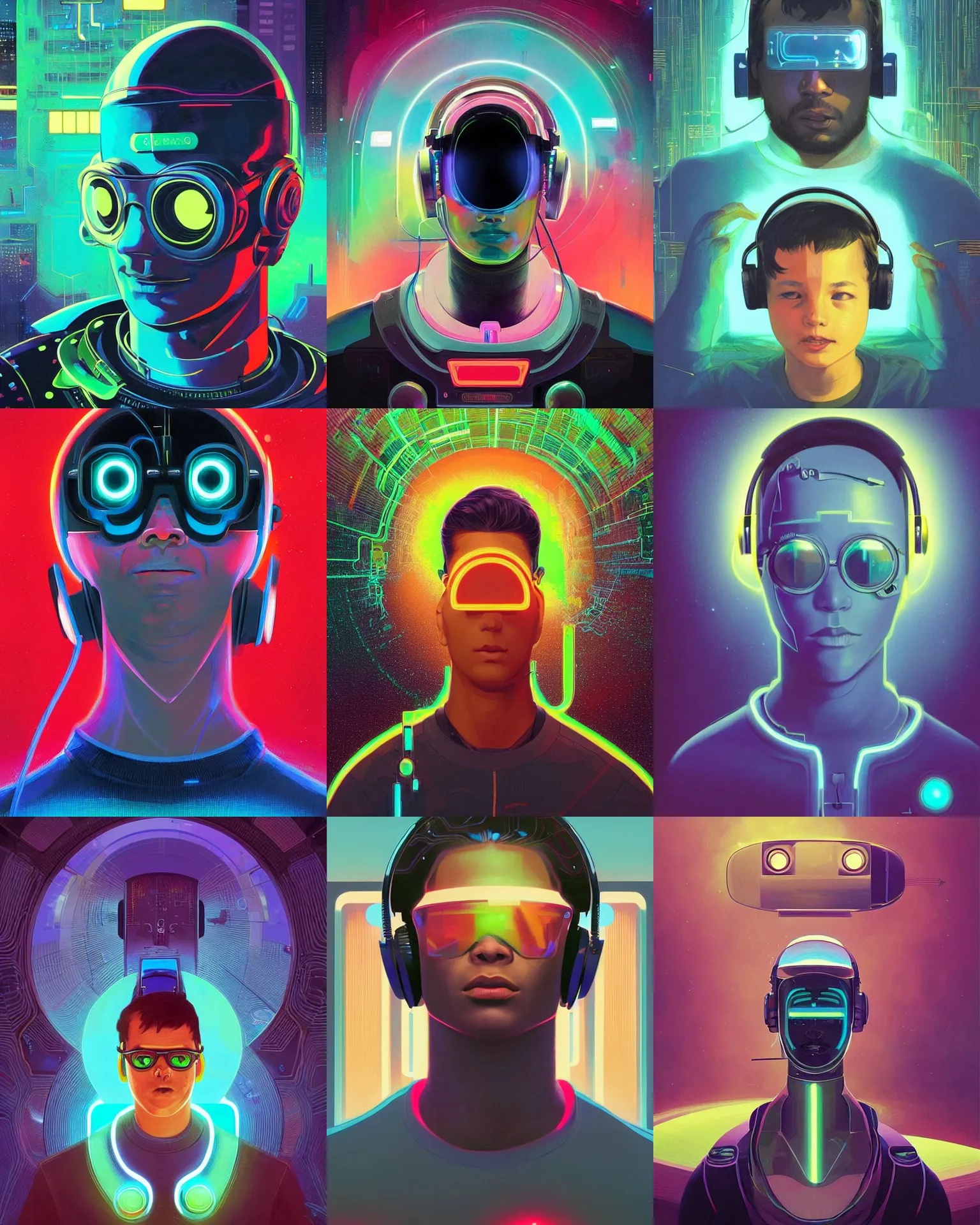 Image similar to future coder man looking on, sleek cyclops display over eyes and sleek bright headphoneset, neon accent lights, holographic colors, desaturated headshot portrait digital painting by victo ngai, rhads, john berkey, tom whalen, alex grey, alphonse mucha, donoto giancola, astronaut cyberpunk electric