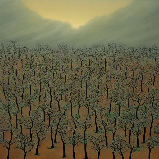 Image similar to a surreal painting of a bleak forest of small japanese bonsai trees on fire, smoke in the sky, people standing around screening and running, ominous, oil on canvas