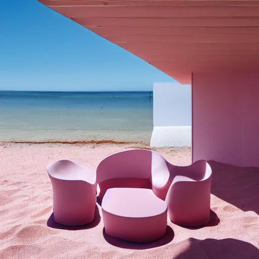 Prompt: An ultra high definition, professional photograph of an outdoor partial IKEA showroom inspired sculpture located on a pastel pink beach ((with pastel pink, dimpled sand where every item is pastel pink. )) The sun can be seen rising through a window in the showroom. The showroom unit is outdoors and the floor is made of dimpled sand. Morning time indirect lighting with on location production lighting on the showroom. In the style of wallpaper magazine, Wes Anderson.