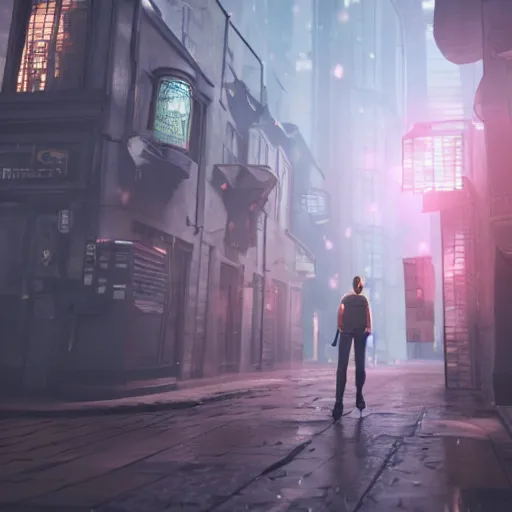 Image similar to harry potter hovering on his magic nimbus through cyberpunk street, raining cheese, photorealistic, cinematic lighting