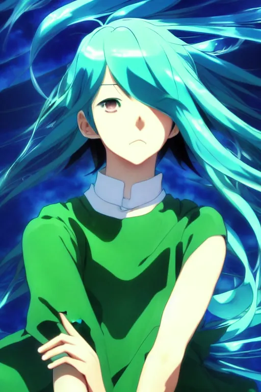 Image similar to makoto shinkai, artgerm, ilya kuvshinov, beautiful anime women with green dress, long blue hair, water powers water swirling, symmetrical face, symmetrical eyes, detailed, beach setting, cinematic lighting