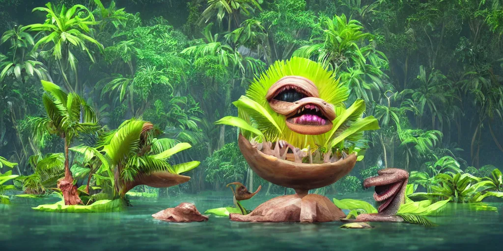 Image similar to of a tropical rainforest lake with strange cute friendly happy creatures with huge eyes, mouth, long tongue, round teeth and goofy face, appearing from the water, in the style of gehry and gaudi, macro lens, shallow depth of field, ultra detailed, digital painting, trending artstation, concept art, illustration, cinematic lighting, photorealism, epic, octane render