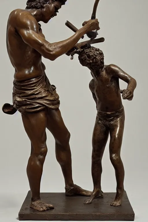 Image similar to a beautiful bronze sculpture of a fighting scene beetwen david and goliath by christophe charbonnel, rust and plaster materials