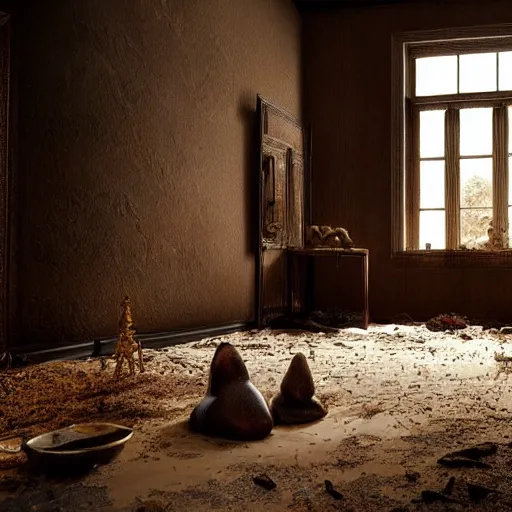 Image similar to room of a dark mansion, objects from ritual in the ground, realistic, highly detailed, the shining