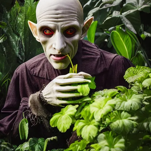 Image similar to portrait of nosferatu giving water to plants in the garden, realistic detailed photography, 5 0 mm lens