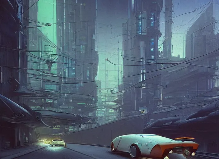 Image similar to a car driving down a street next to tall Forest-2 the night, cyberpunk art by Chesley Bonestell, cgsociety, retrofuturism, matte painting, reimagined by industrial light and magic