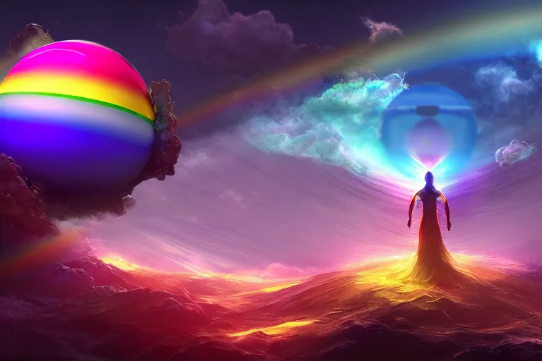 Image similar to a god dissolving into a new universe and then folding itself into a sphere which becomes a rainbow beacon signalling the arrival of a new goddess, in the style of wlop, illustration, epic, fantasy, hyper detailed, smooth, unreal engine, sharp focus, ray tracing