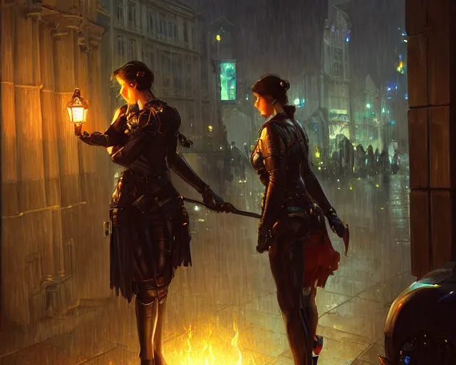 Image similar to police, night life, torch, heavy rain, drama, deep focus, d & d, fantasy, intricate, elegant, highly detailed, digital painting, artstation, concept art, matte, sharp focus, illustration, hearthstone, art by artgerm and greg rutkowski and alphonse mucha