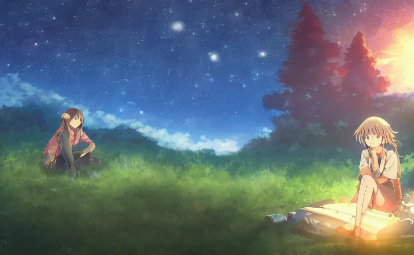 Prompt: An anime girl camping in the wilderness, looking up at the stars, anime scenery by Makoto Shinkai and Madhouse Animations, digital art