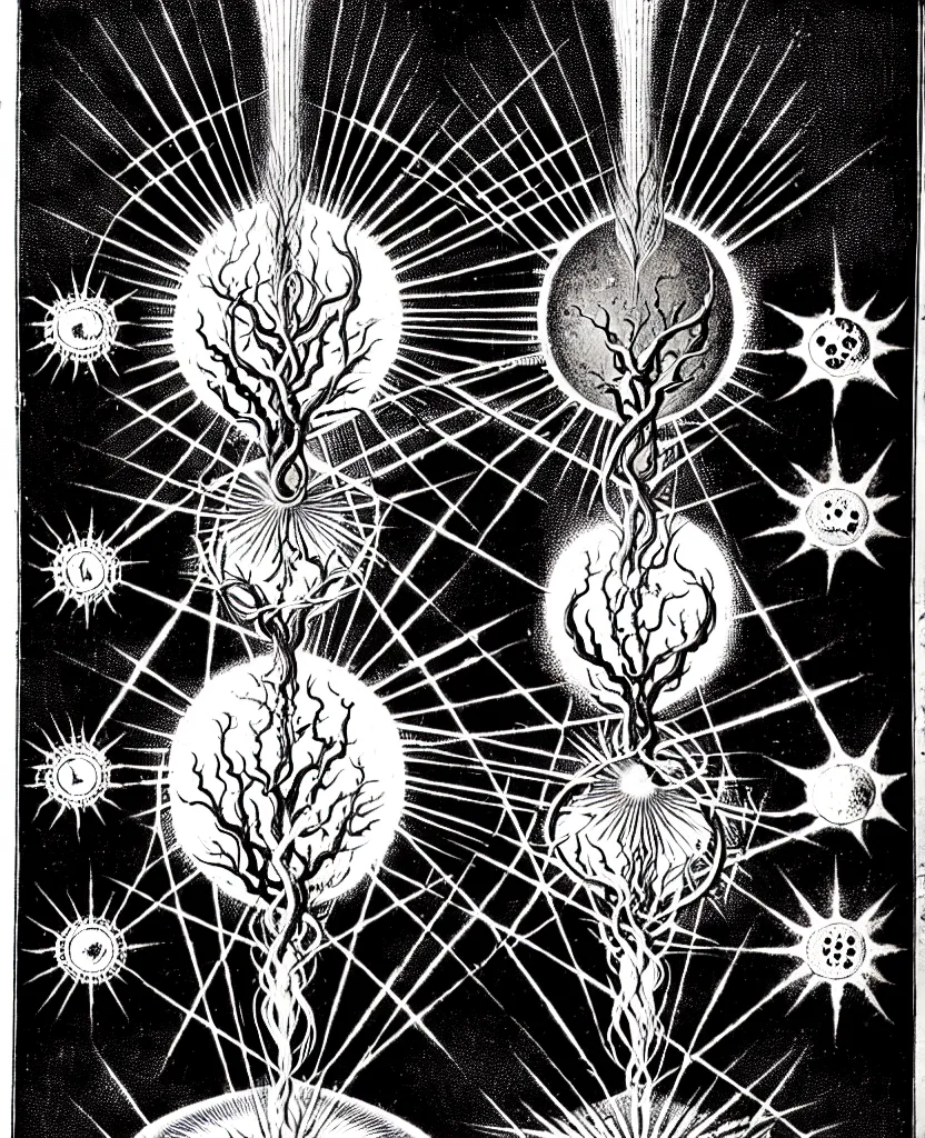 Prompt: alchemical fiery creature sings a unique canto about'as above so below'being ignited by the spirit of haeckel and robert fludd, breakthrough is iminent, glory be to the magic within