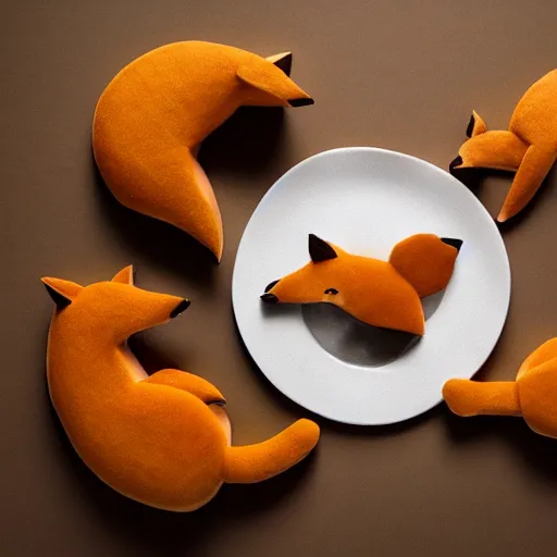 Prompt: studio photography of food in the shape of a fox