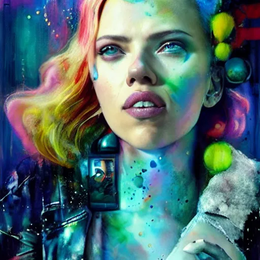 Image similar to scarlett johansson as delirium from sandman, ( hallucinating colorful soap bubbles ), by jeremy mann, by sandra chevrier, by dave mckean and richard avedon and maciej kuciara, punk rock, tank girl, high detailed, 8 k